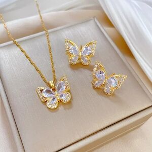 Gold Butterfly Crystal Necklace & Earring Set - Elegant Women Jewelry
